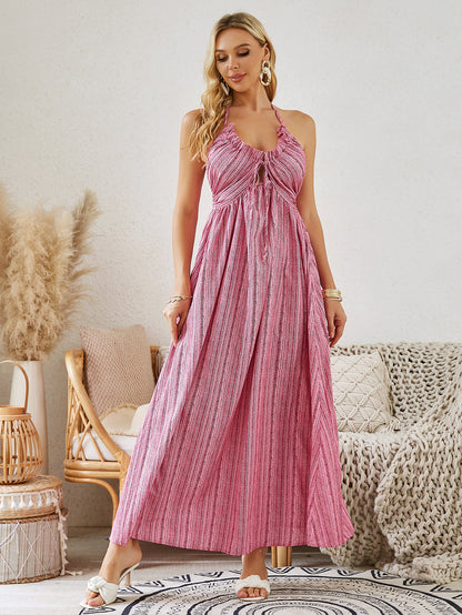 Robe longue bohème à licou - Robe de plage fluide sans manches pour femme