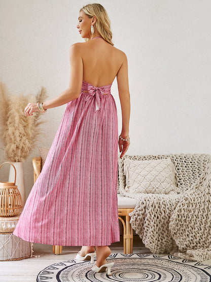 Robe longue bohème à licou - Robe de plage fluide sans manches pour femme