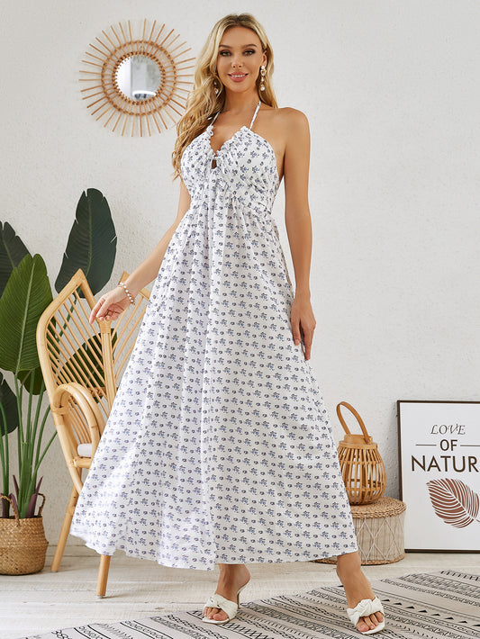 Robe longue bohème à licou - Robe de plage fluide sans manches pour femme