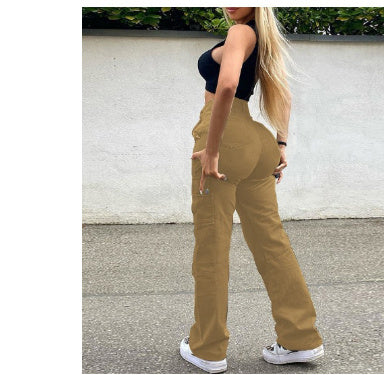 Pantalon cargo à jambe droite pour femme, pantalon ample décontracté taille haute