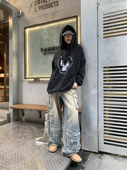 Street Work Design Cargo Pocket Stitching Wide-leg Pants