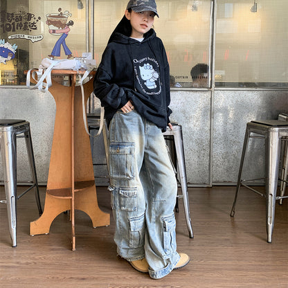 Street Work Design Cargo Pocket Stitching Wide-leg Pants