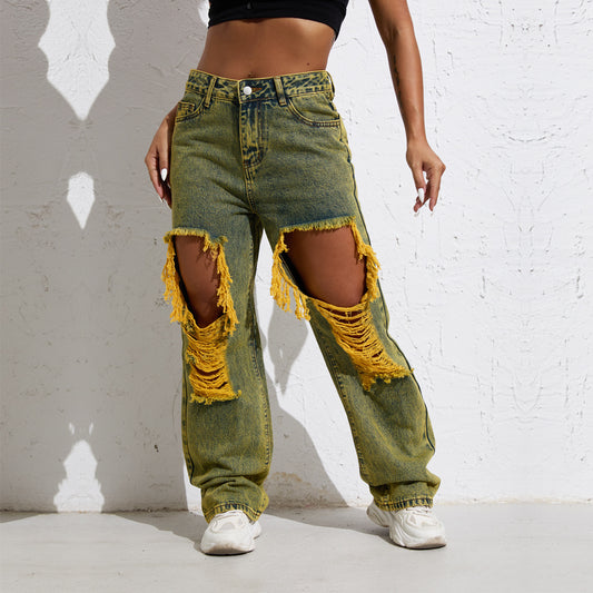 Melody Yellow Wash Y2K Ripped Denim Jeans