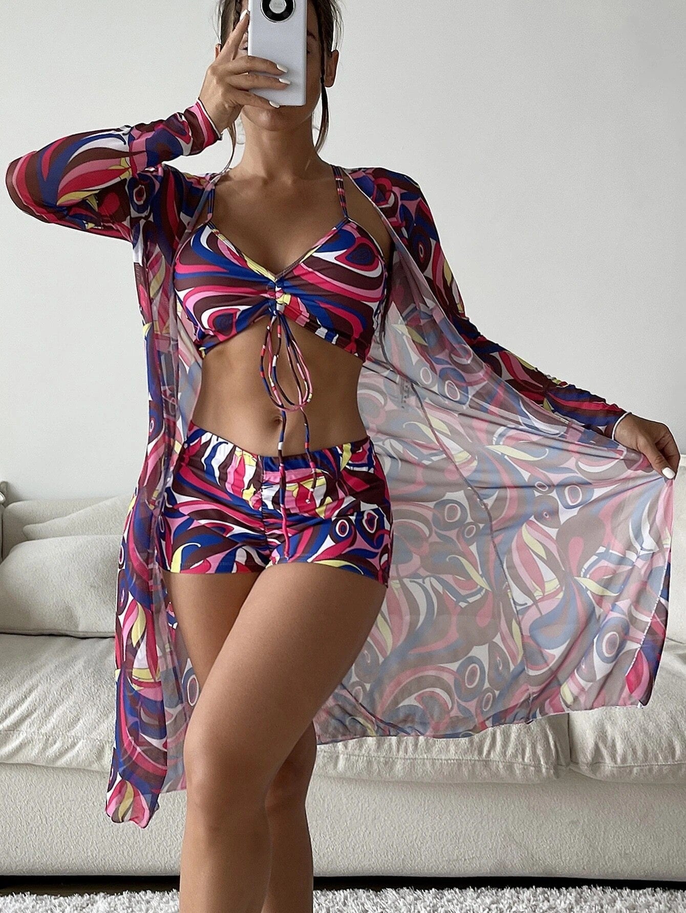 3Pcs Pring Bikini with Long Sleeve Cardigan Fashion Summer Beach Swimsuit Women